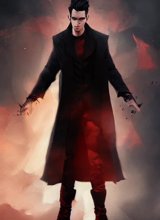 Image similar to An epic fantasy comic book style portrait painting of a young man with black undercut haircut, wearing black overcoat, red clothes, blue jeans. Unreal 5, DAZ, hyperrealistic, octane render, cosplay, RPG portrait, dynamic lighting