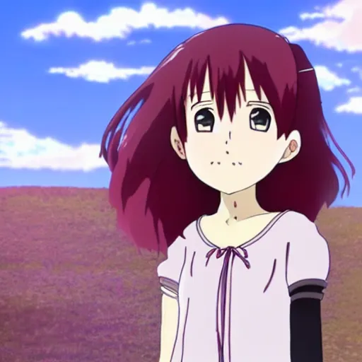 Image similar to A still from an anime of a young woman with a fake nose has red hair in the style of Studio Ghibli,