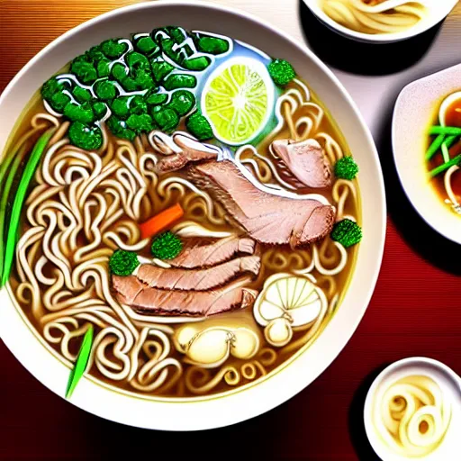 Prompt: flatlay realistic photo of delicious pho, ramen, aesthetic table cloth, highly detailed, cinematic light, masterpiece, 8 k hd, award winning, artstation,