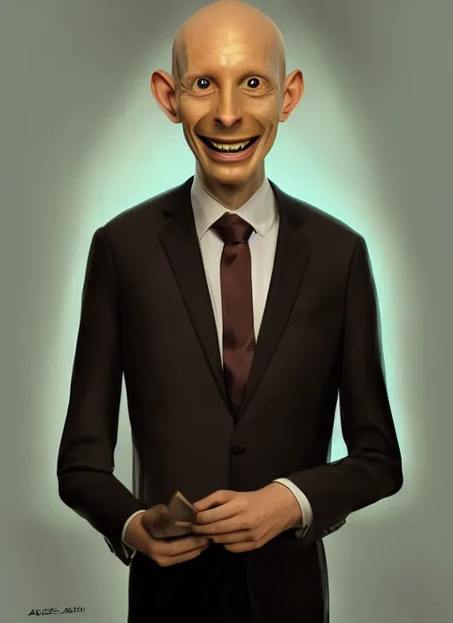 Image similar to a hyper realistic portrait of a smiling male alien in a suit for advertisement, artstation