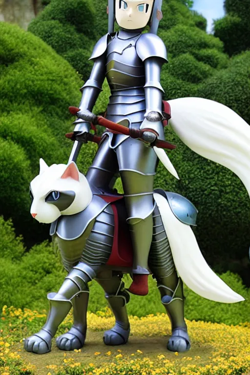 Image similar to female knight riding a weird giant cat, finely detailed features, by studio ghibli