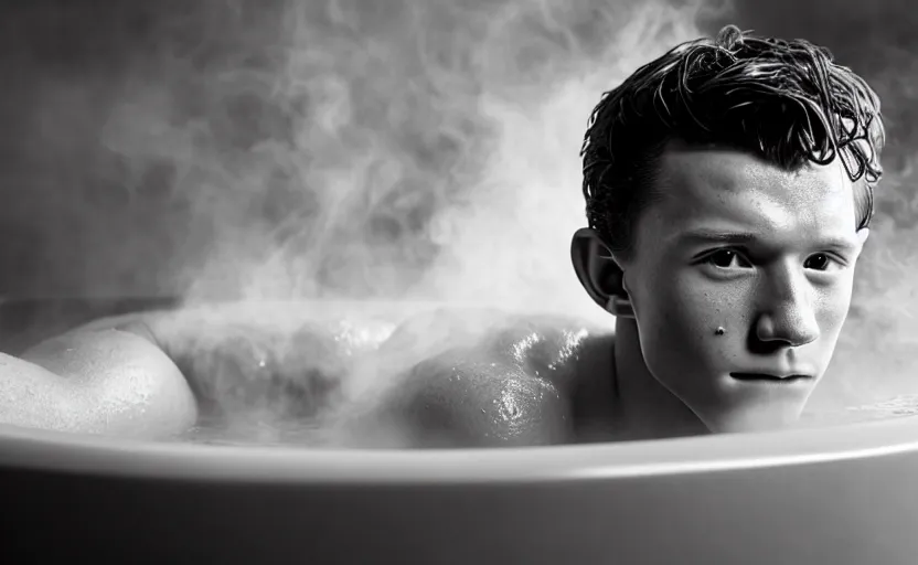 Image similar to photographic portrait by Andy Gotts of Tom Holland in a hot tub, closeup, foggy, sepia, moody, dream-like, sigma 85mm f/1.4, 15mm, 35mm, 4k, high resolution, 4k, 8k, hd, full color