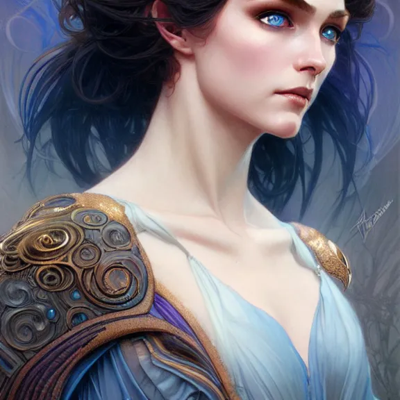 Image similar to Portrait of fairy woman, D&D, blue eyes, face, fantasy, intricate, elegant, highly detailed, digital painting, artstation, concept art, smooth, sharp focus, illustration, art by artgerm and greg rutkowski and alphonse mucha