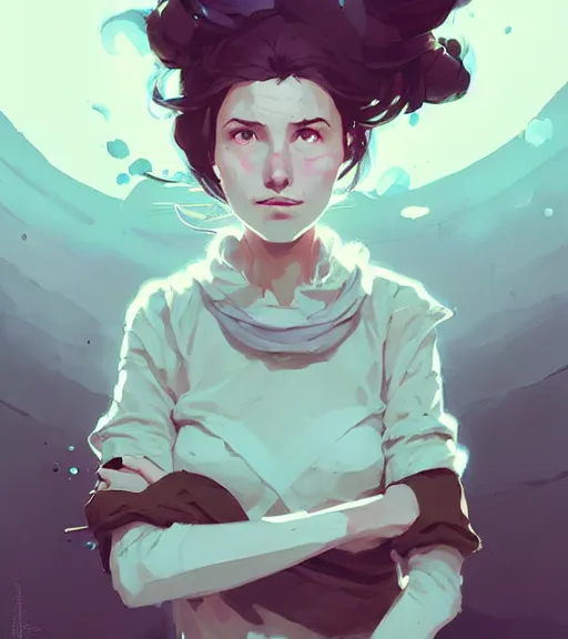 Image similar to portrait of a female alchemist, disheveled hair, by atey ghailan, by greg rutkowski, by greg tocchini, by james gilleard, by joe fenton, by kaethe butcher, dynamic lighting, gradient light blue, brown, blonde cream and white color scheme, grunge aesthetic