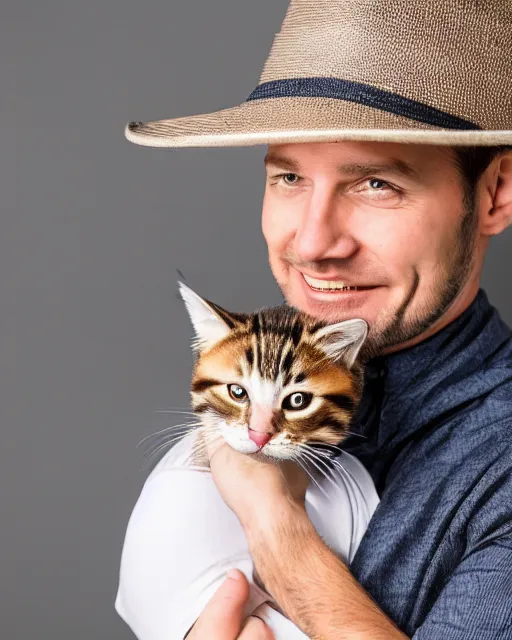 Image similar to gentlemen wearing a hat and wearing a baby sling on the back with a kitten in the sling, studio portrait, golden ratio, backlit, happy, detailed eyes