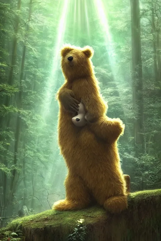 Image similar to mean fluffy teddybear protecting girl in a forest with rays of light coming through the canopy, masterpiece, dystopian, sci-fi, extremely detailed, digital painting, sculpted in zbrush, artstation, concept art, smooth, sharp focus, illustration, chiaroscuro lighting, golden ratio, incredible art, artgerm, greg rutkowski, alphonse mucha, simon stalenhag, carravaggio