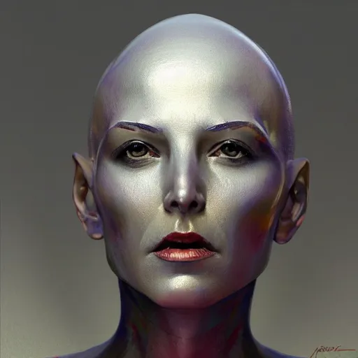 Prompt: bald silver woman statue, colorful crown, 3 / 4 view face, john howe, greg rutkowski