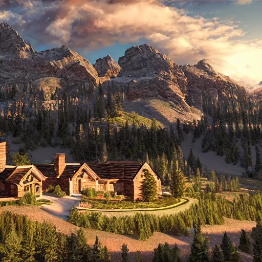 Image similar to montana alpine landscape with modern style mansions scattered on the mountainsides, photo realism, dramatic lighting, from a dream, high quality digital art, unreal engine