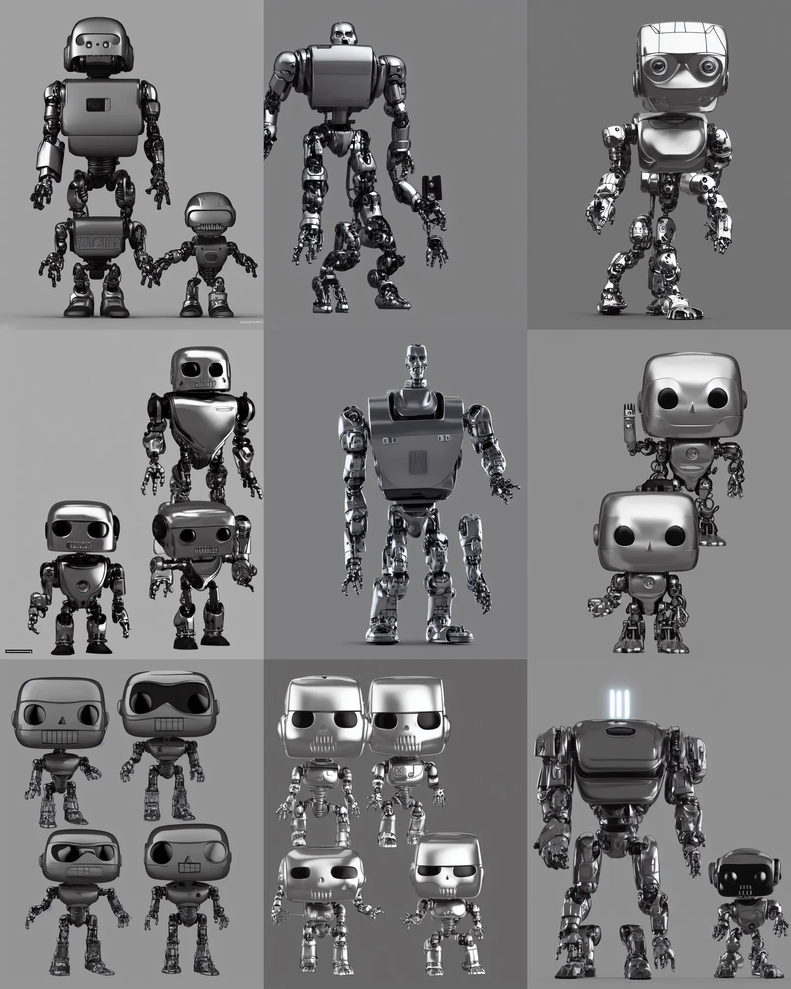 Image similar to full body 3 d render of terminator robot as a funko pop!, studio lighting, grey background, single body, no shadow, blender, trending on artstation, 8 k, highly detailed