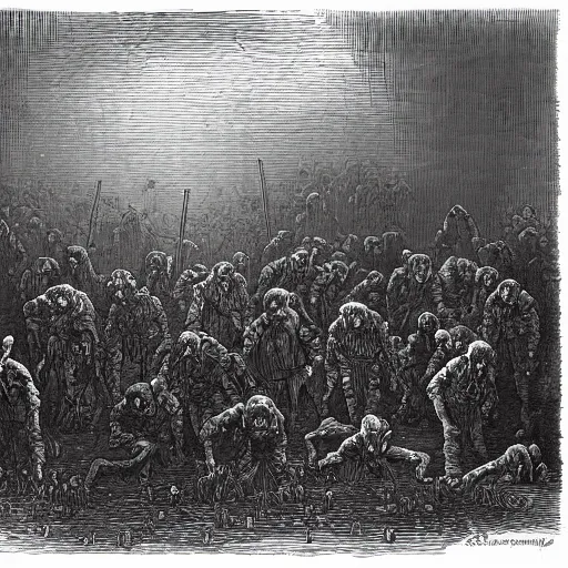 Prompt: zombies among 9 steel barrels in a graveyard, creepy atmosphere, dark, realistic, illustration by gustave dore