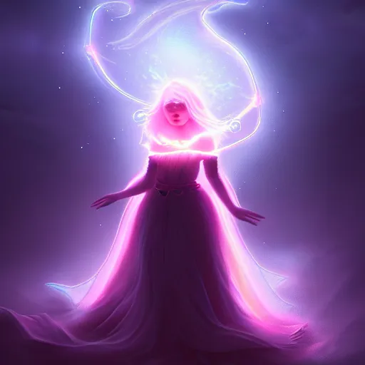 Image similar to mystical female creature with glowing energies and particals, surrounded by spirits, gloomy cinematic lighting, highly detailed, illustrated novel