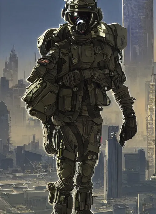 Image similar to Ezra. USN special forces futuristic recon operator, cyberpunk military hazmat exo-suit, on patrol in the Australian autonomous zone, deserted city skyline. 2087. Concept art by James Gurney and Alphonso Mucha. (mgs, rb6s)