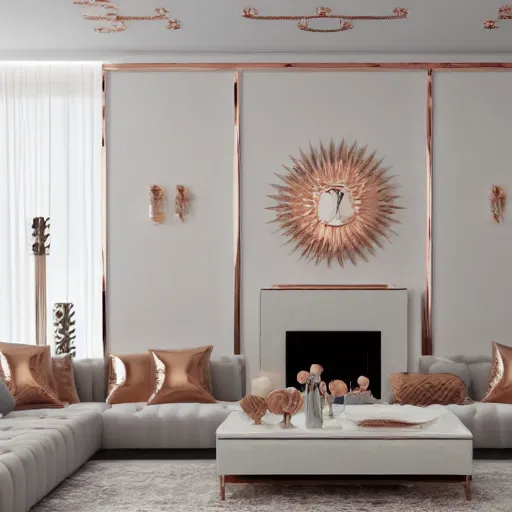 Prompt: 3 d render of white living room with rose gold metallic accents