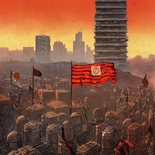 Image similar to (Age of Empires III), colony with checkered flags, rust and brutalist buildings . Propaganda poster, intricate, elegant, highly detailed, digital painting, artstation, concept art, matte, sharp focus, illustration, art by Enki Bilal and Moebius]