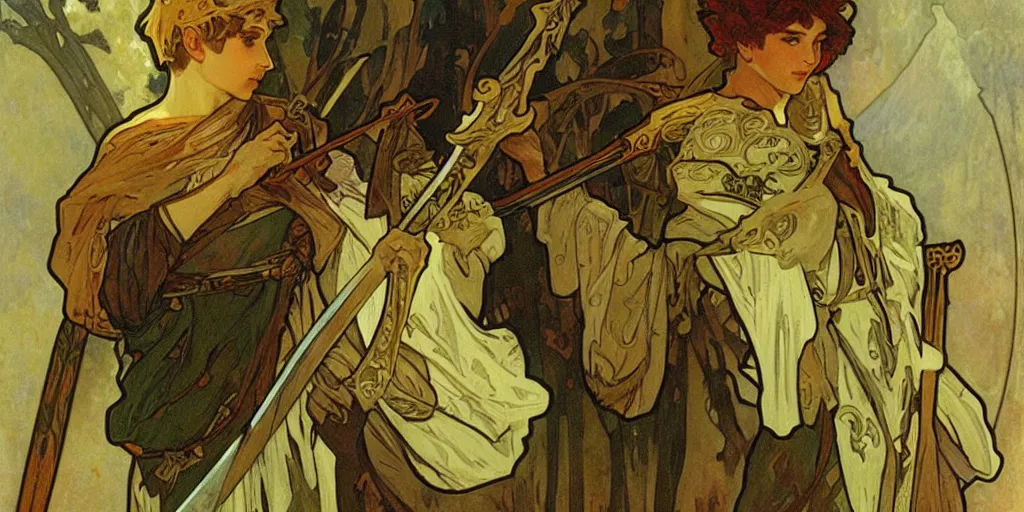 Image similar to An elf prince with a sword ,alphonse mucha