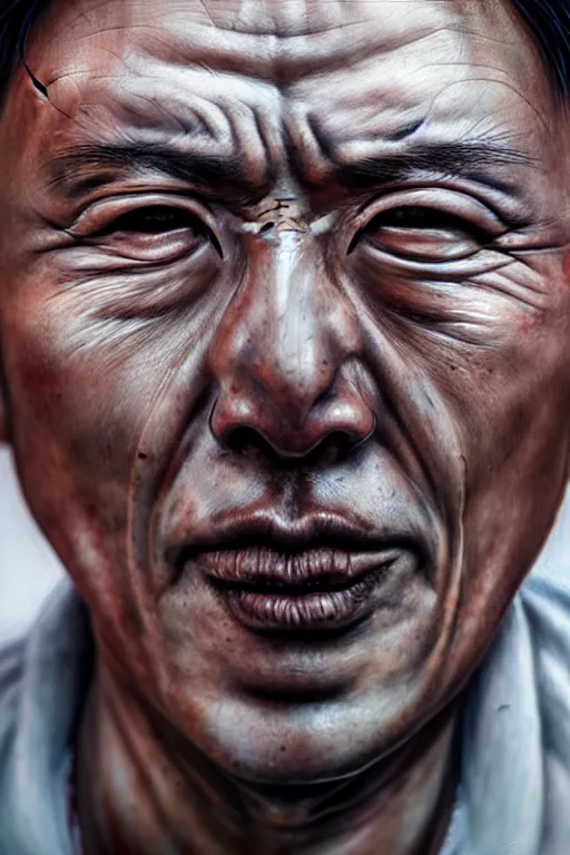 Prompt: hyperrealistic close-up graffiti! exoskeleton!! chinese man highly detailed concept art eric zener elson peter cinematic hard orange lighting high angle hd 8k sharp shallow depth of field