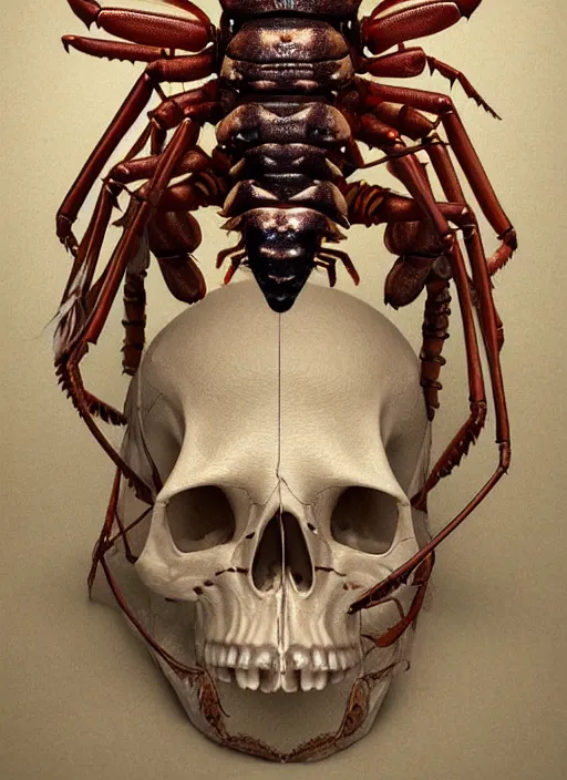 Image similar to hyper realistic photography of intricate renaissance bone skull insect lobster cinematic, symmetric detailed, artstation, cgsociety