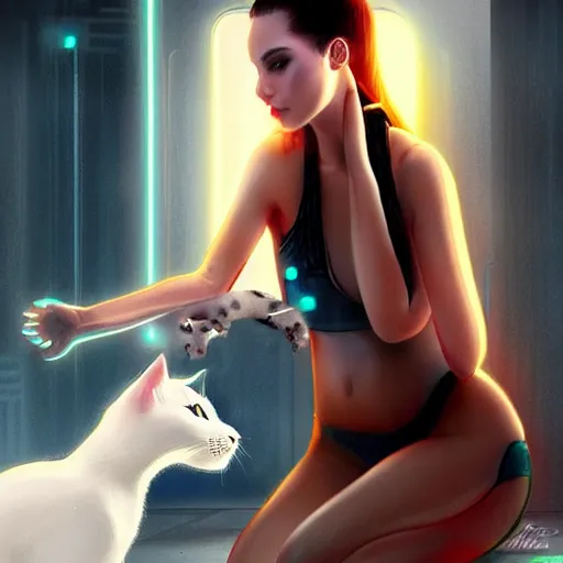 Prompt: beautiful cybergirl playing with a white cute cat in the neon room photorealistic, blade runner movie, digital art, highly detailed