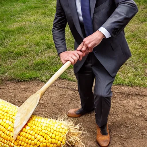 Prompt: man wearing a suit hitting a corn cob with as shovel