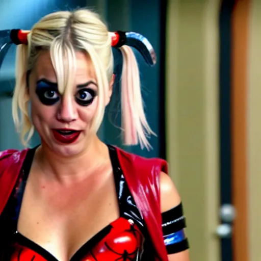 Image similar to A still of Kaley Cuoco as Harley Quinn, wearing her comics-accurate outfit