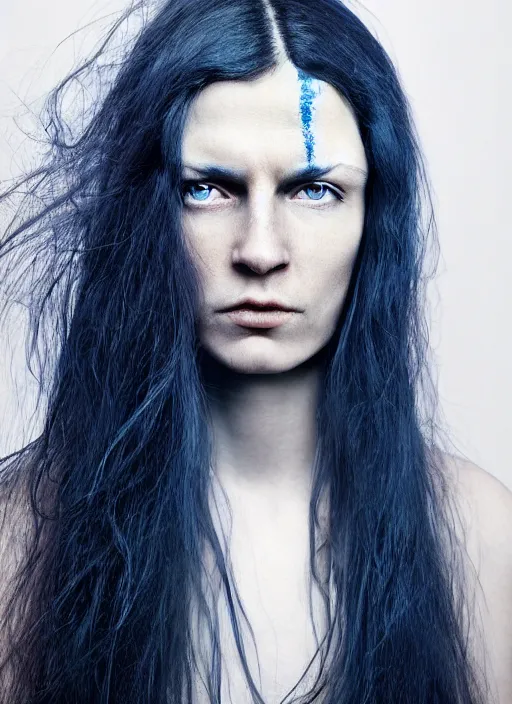 Prompt: portrait photograph of the most beautiful woman with a long dark blue hair, blue eyes, stern expression, david mccurry, lorenzo agius, alessio albi