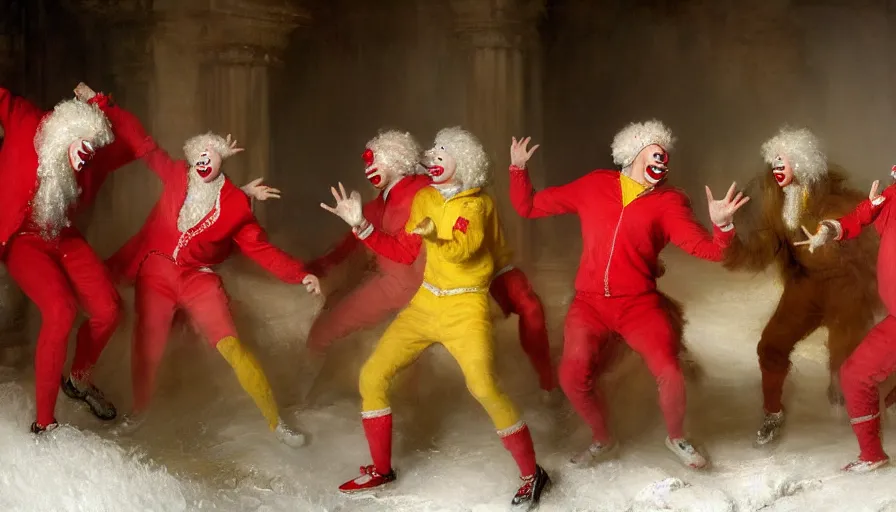Image similar to highly detailed painting of a group of ronald mcdonalds with red afros, white facepaint, red noses and yellow tracksuits dancing outside a pink snowy scottish castle by william turner, by greg rutkowski, by william constable, thick brush strokes and visible paint layers, 4 k resolution