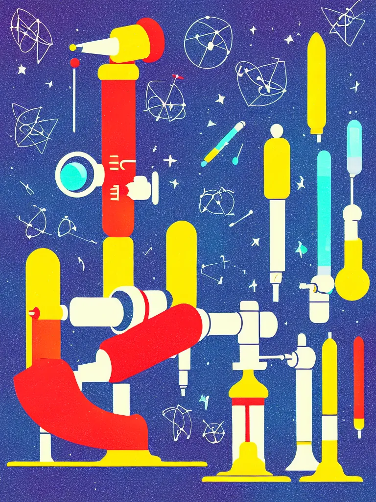 Image similar to editorial illustration scientific lab test tube telescope microscope spaceship, colorful modern, mads berg