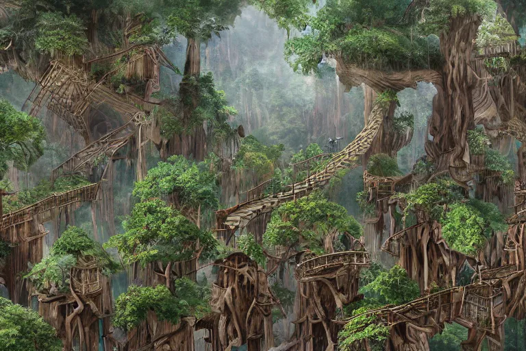 Image similar to a wood - elf village suspended high up in the redwood tree canopies, connected by rope bridges, fantasy setting, dense vegetation, very detailed, d & d concept art, 4 k