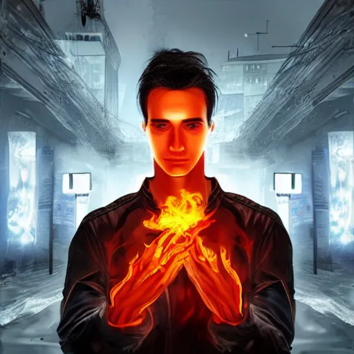 Prompt: handsome dark-haired cyberpunk young man, controlling flames with his hands, in destroyed Saint-Petersburg, very detailed, realistic, symmetrical face, sexy, art by digital painting,