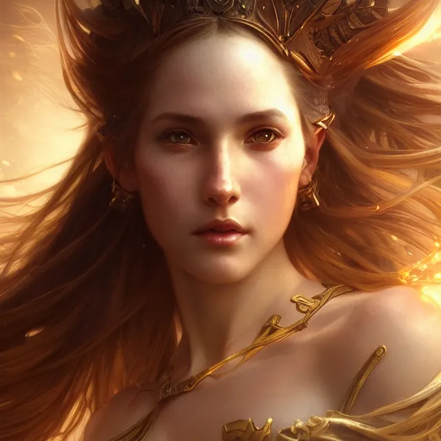 Image similar to close up portrait of a beautiful fantasy female warrior, shiny, glowing hair, subsurface scattering, artistic, magical background with light rays, fantasy atmosphere. art by artgerm, greg rutkowski and alphonse mucha, highly detailed, intricate, lifelike. sci - fi, fantasy, magical, octane render,