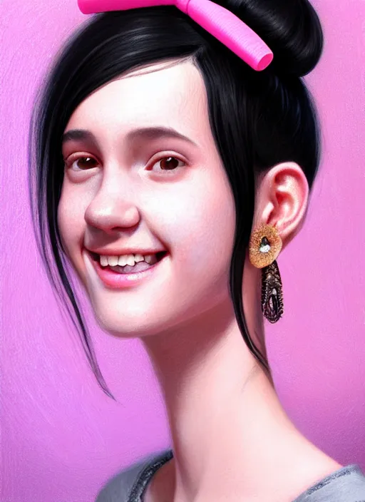 Image similar to portrait of teenage girl, realistic, black hair, bangs, half updo hairstyle, pointy nose, skinny, smile, ugly, defined jawline, big chin, pink hair bow, earrings, intricate, elegant, glowing lights, highly detailed, digital painting, artstation, sharp focus, illustration, art by wlop, mars ravelo and greg rutkowski