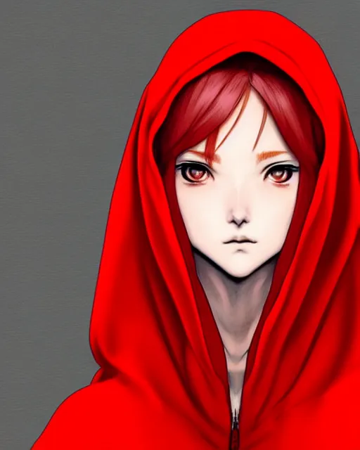 Image similar to portrait Anime white woman with red hair; cloak with hood || pretty face, realistic shaded Perfect face, fine details. Anime. realistic shaded lighting by Kim Jung Gi