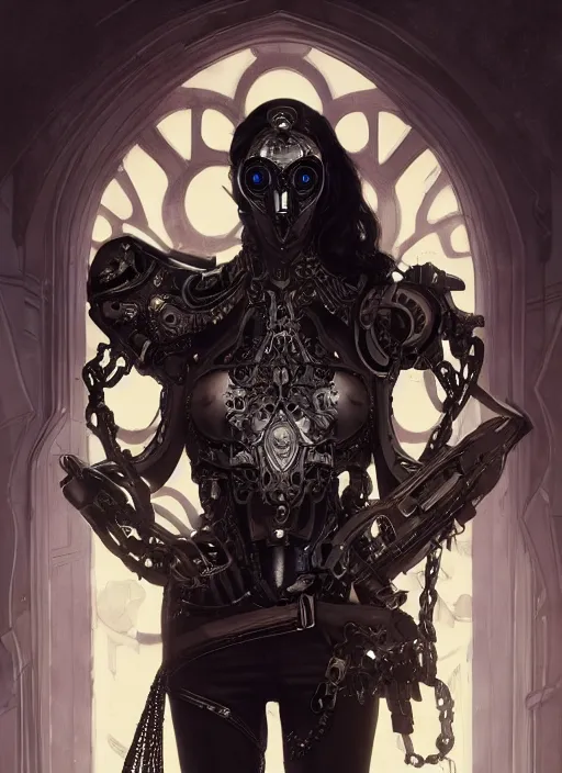 Prompt: a cyborg with mask, black leather garment with art nouveau ivory accessories, cyberpunk, darksynth, luxury, concept art by james jean, extremely detailed, ominous, ethereal, artstation, andree wallin, edvige faini, balaskas, alphonse mucha, 8 k, unreal engine 5