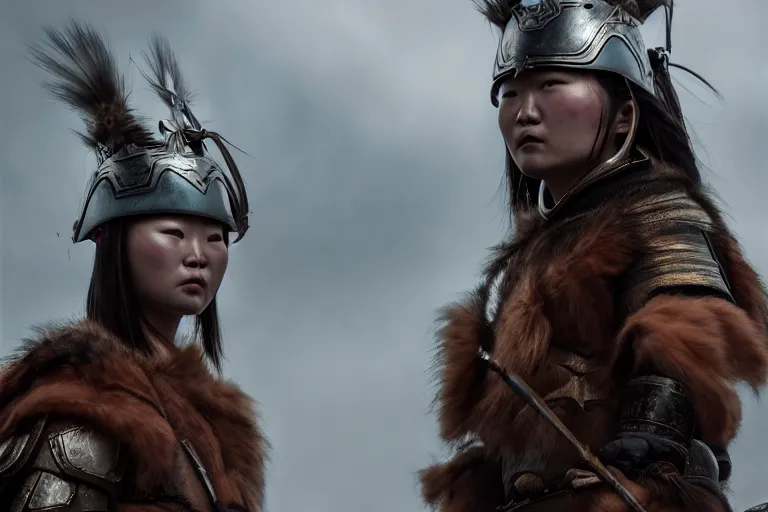 Image similar to vfx film closeup, futuristic mongolian warriors, flat color profile low - key lighting award winning photography arri alexa cinematography, hyper real photorealistic cinematic, atmospheric cool colorgrade