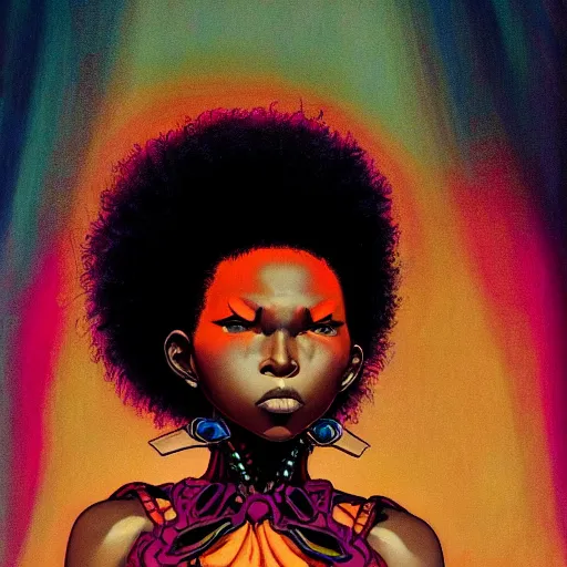 Prompt: afropunk portrait soft light painted by james jean and katsuhiro otomo and erik jones, inspired by akira anime, smooth face feature, intricate oil painting, high detail illustration, sharp high detail, manga and anime 1 9 9 9