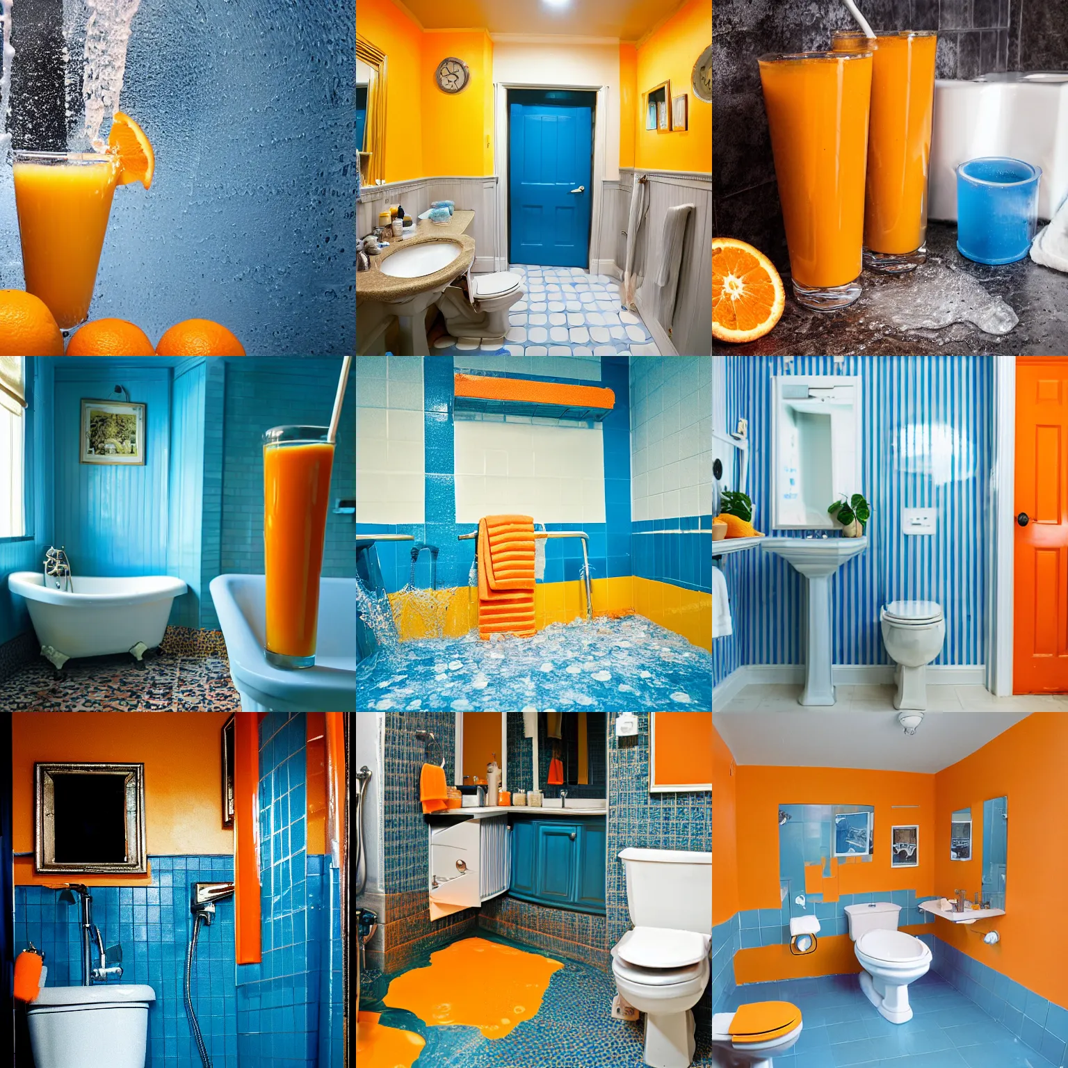 Prompt: dirty blue bathroom flooded with orange juice, knee high orange juice flood, photograph