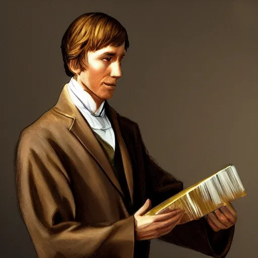 Image similar to mormon prophet, joseph smith, holding up the gold plates, conceptart, trending on artstation