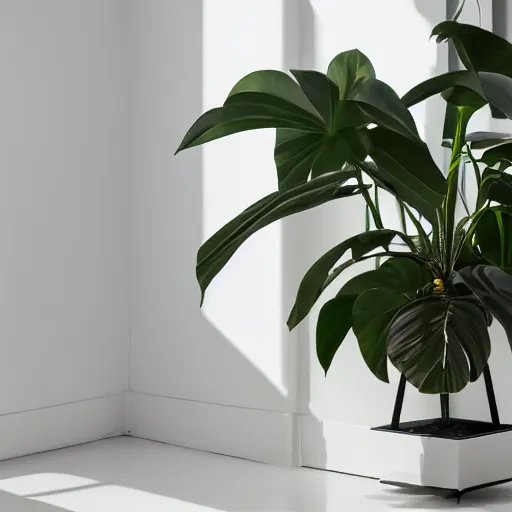 Image similar to an ultra high definition professional studio quality photograph of a transparent iridescent perspex pastel coloured jungle plant on a plinth in an empty white room. dramatic lighting, ray tracing, refraction, shallow d. o. f, colour corrected, golden ratio, three point light. volumetric shadows. god rays.