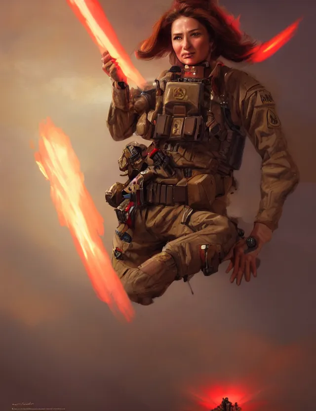 Image similar to a brown - haired woman in a military uniform hovering in the air glowing with red light and crackling energy, by frank fazetta and peter mohrbacher, trending on artstation, digital art, 4 k resolution, detailed, high quality, sharp focus, hq artwork, coherent, insane detail, concept art, character concept, character full body portrait