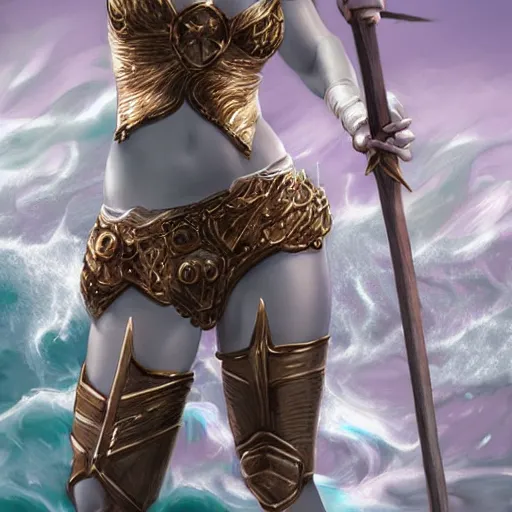 Image similar to fantasy woman with armor emerging from the sea holding a staff made with mother-of-pearl, by Artgerm, medium shot