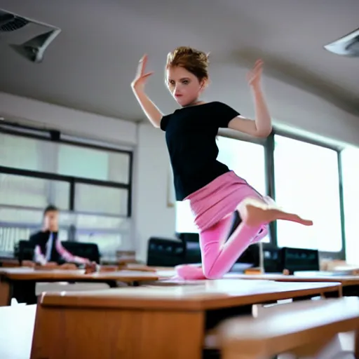 Image similar to film still of stylish girl dancing on school desk, tilted frame, 3 5 °, dutch angle, high quality, cinematography, award winning photo, focous