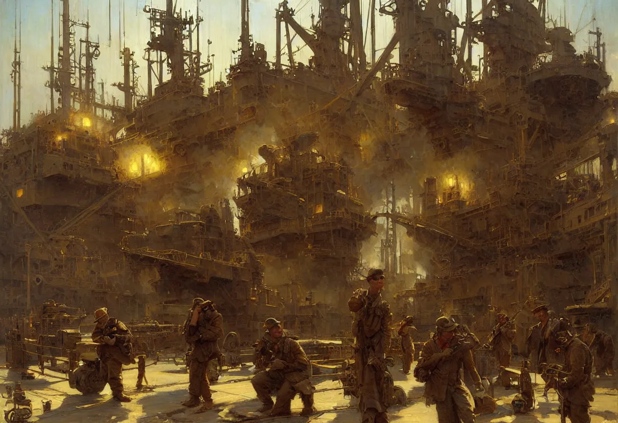 Image similar to us soldier in shipyard dieselpunk painting by gaston bussiere, craig mullins, j. c. leyendecker