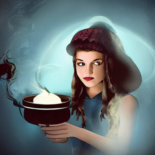 Image similar to teen witch mixing a spell in a cauldron, wispy smoke, studio lighting, a tabby cat watches her work, light is coming out of the cauldron, ingredients on the table, apothecary shelves in the background