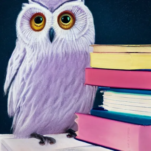 Image similar to a cute pastel owl holding a stack of books, realistic portrait