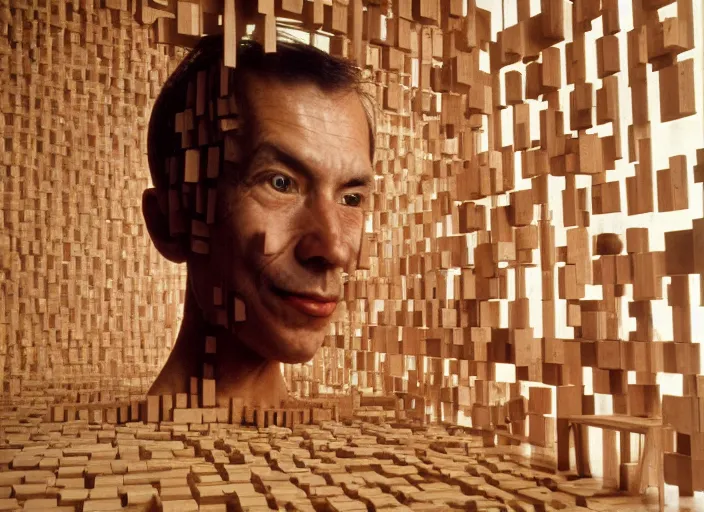 Image similar to realistic photo portrait of the a human computer made of wooden fragments levitating in the living room wooden walls 1 9 9 0, life magazine reportage photo