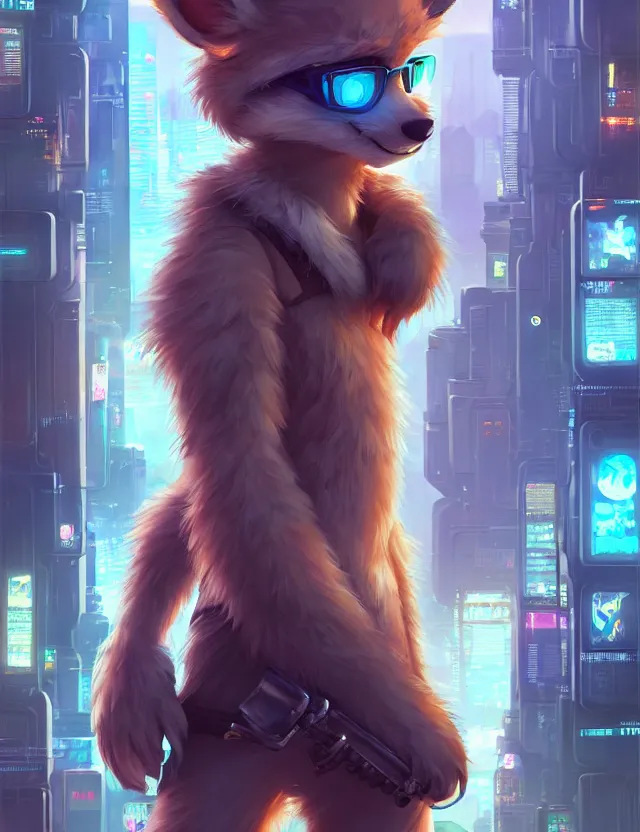 Image similar to cute young anthropomorphic furry in cyberpunk city | | cute - fine - face, pretty face, key visual, realistic shaded perfect face, fine details by stanley artgerm lau, wlop, rossdraws, james jean, andrei riabovitchev, marc simonetti, and sakimichan, trending on artstation