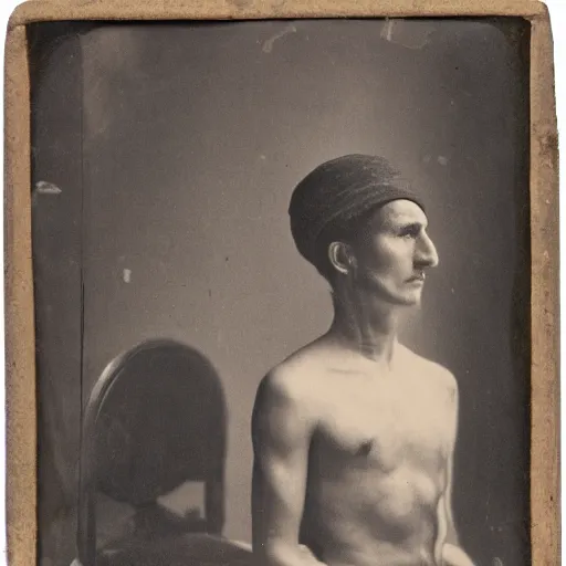 Image similar to Tintype photograph of primitive work of art, in the style of Marcel Duchamp, displayed in an ethnographic museum, archive material, anthropology, 1920s studio lighting.