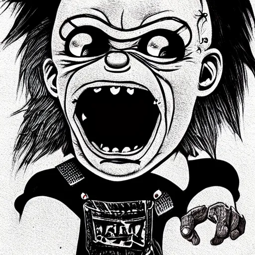 Prompt: grunge drawing of chucky by - the simpsons , loony toons style, horror themed, detailed, elegant, intricate
