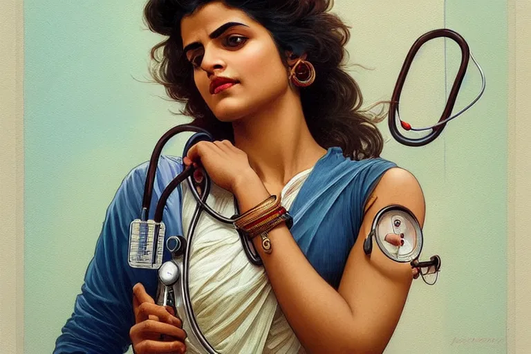 Image similar to sensual pale beautiful indian doctor in jeans with stethoscope, art deco portrait, elegant, intricate, digital painting, artstation, concept art, smooth, sharp focus, illustration, art by artgerm and greg rutkowski and alphonse mucha