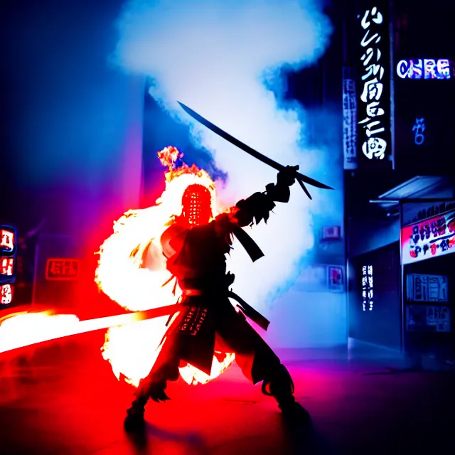 Image similar to cyber samurai fire dance slashing sword atomic, detailed bushido form smoke, fighting stance atomic energy, shibuya prefecture, cinematic neon uplighting, fog mist smoke, photorealistic, night photography by tomino - sama